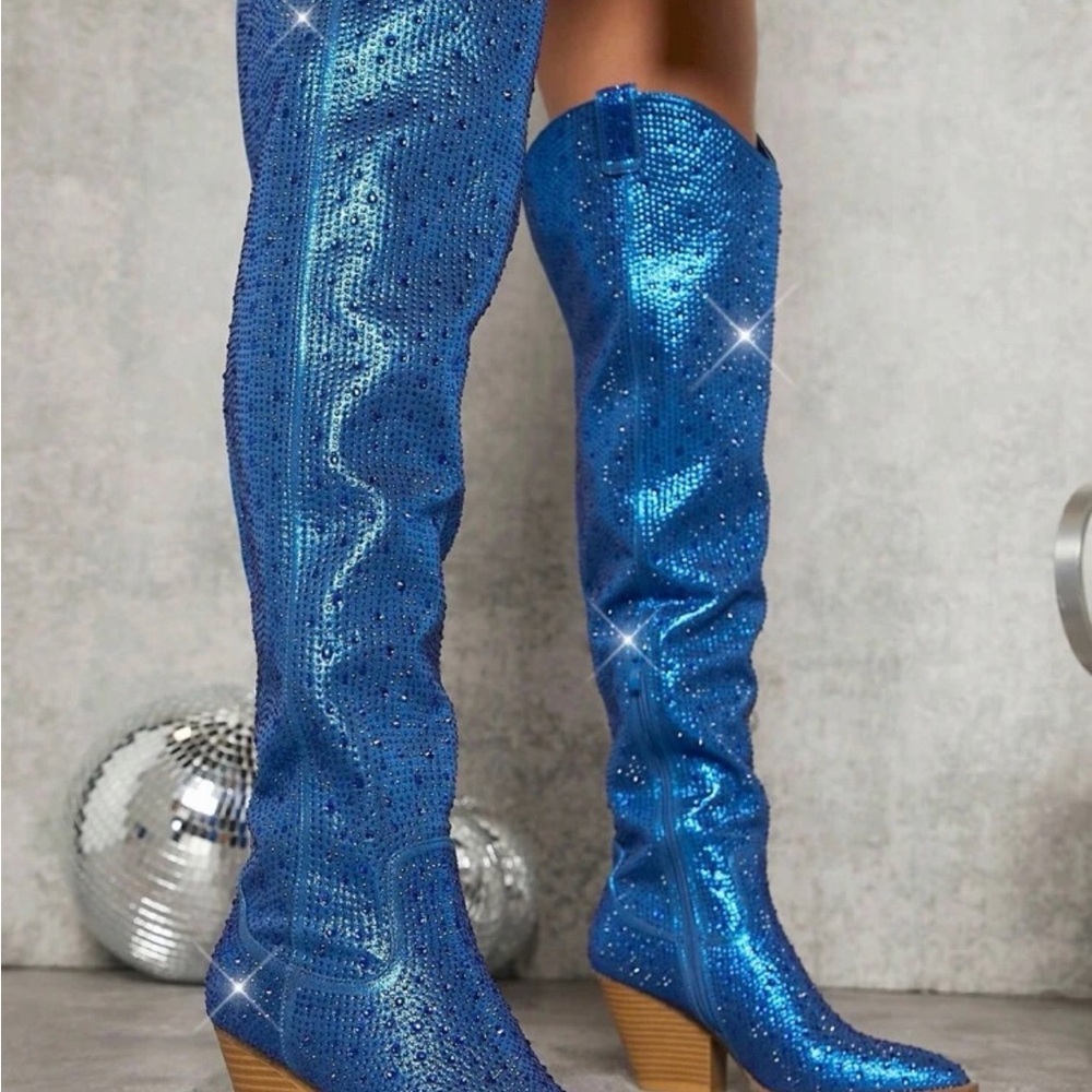 Blue Over The Knee Rhinestone boots - Picture 3 of 6